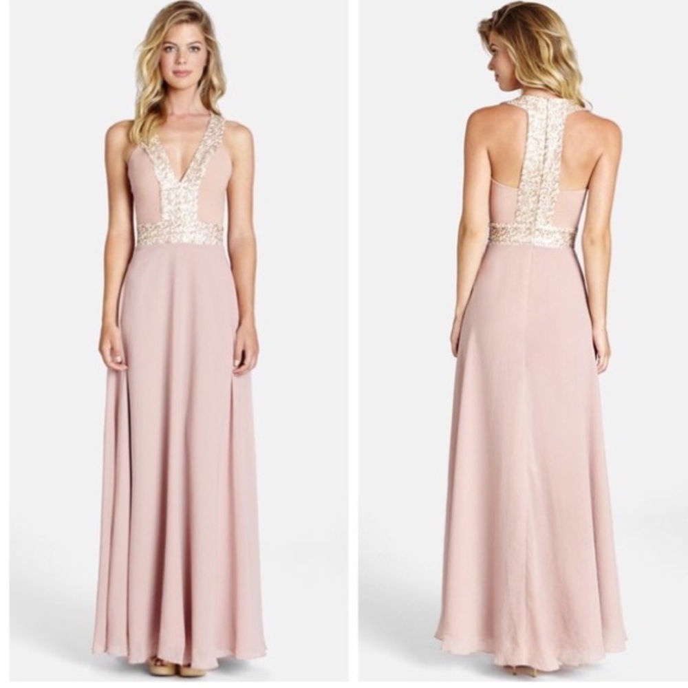 Delani Crepe Gown in Opal/ rose pink sequin dress